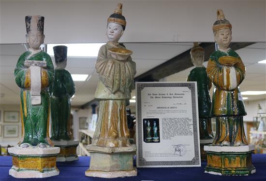 Three large Chinese sancai pottery figure of attendants, Ming dynasty or later